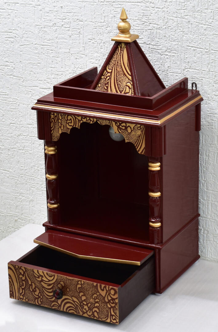Brown-Golden Pooja Temple/Mandir with Tray and One Drawer - Side Closed - Image 3